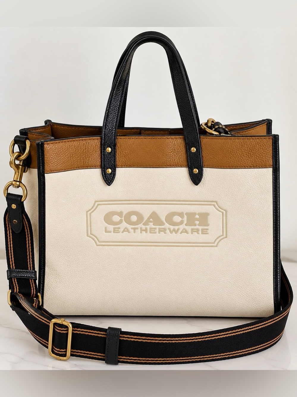 Coach Leatherware Colorblock Leather Tote Crossbody Bag Ivory Tan Black